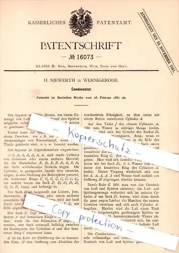Original Patent - H. Niewerth in Wernigerode , 1881 , Condensator !!!
