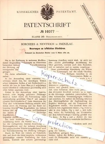 Original Patent - Borchers & Nentwich in Prenzlau , 1881 , Neuerungen an Ofenthüren !!!