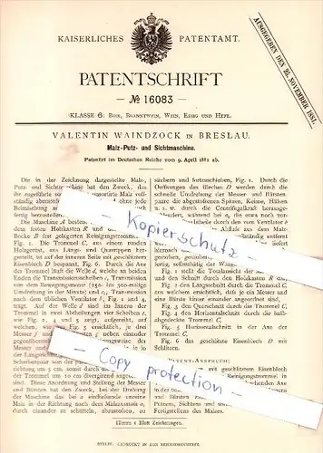 Original Patent - Valentin Waindzock in Breslau , 1881 , Malz-Putz- und Sichtmaschine , Brauerei , Alkohol !!!