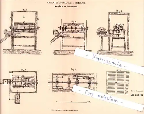 Original Patent - Valentin Waindzock in Breslau , 1881 , Malz-Putz- und Sichtmaschine , Brauerei , Alkohol !!!