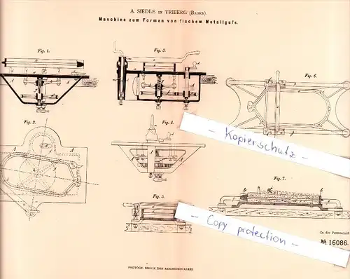 Original Patent - A. Siedle in Triberg i. Schwarzwald , 1881 , Maschine zum Formen von Metallguß !!!
