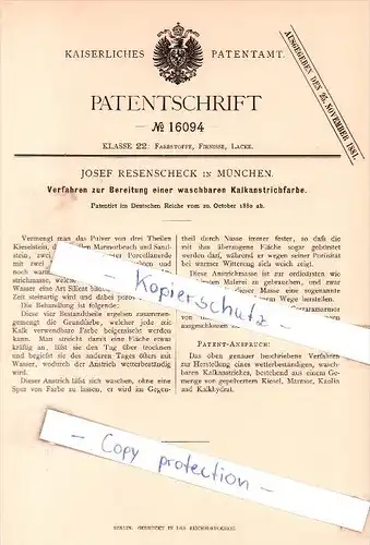 Original Patent - Josef Resenscheck in München , 1880 ,  Bereitung einer Kalkanstrichfarbe !!!
