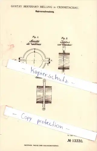 Original Patent - Gustav Bernhard Helling in Crimmitschau , 1880 , Rohrverschraubung !!!