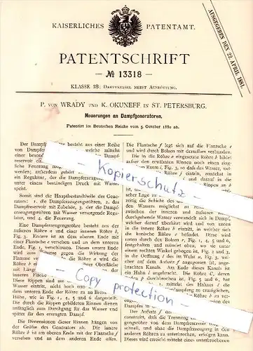 Original Patent - P. von Wrady und K. Okuneff in St. Petersburg , 1880 , Dampfgeneratoren , Russland !!!