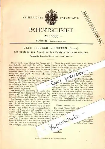 Original Patent - G. Bellmer in Niefern , 1881 , Papierbefeuchter für Papierfabrik , Papier , Niefern-Öschelbronn !!!