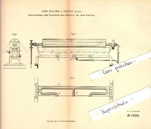 Original Patent - G. Bellmer in Niefern , 1881 , Papierbefeuchter für Papierfabrik , Papier , Niefern-Öschelbronn !!!