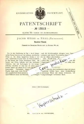 Original Patent - Jacob Weiss in Thal b. Ruhla i. Thüringen , 1880 , Revolver-Pennal !!!