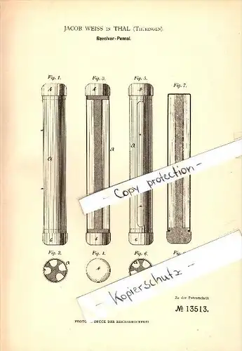 Original Patent - Jacob Weiss in Thal b. Ruhla i. Thüringen , 1880 , Revolver-Pennal !!!
