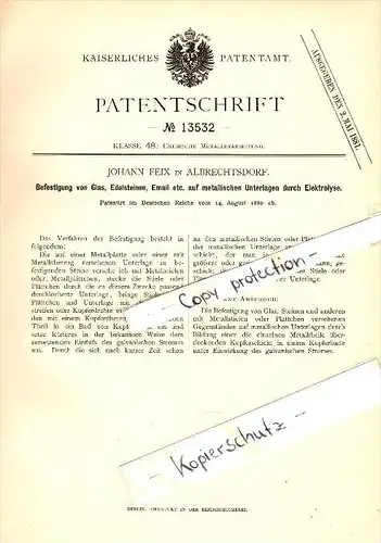 Original Patent - Johann Feix in Albrechtsdorf / Albrechtice , 1880 , Elektrolyse für Edelsteine , Glas und Emaille !!!