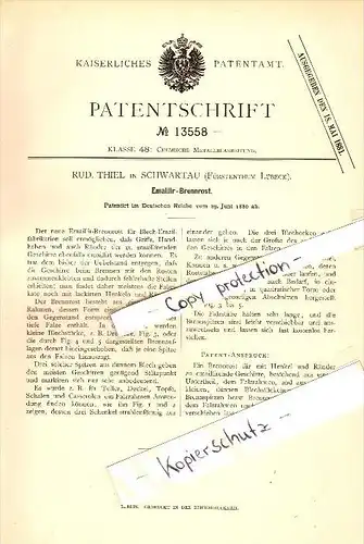 Original Patent - R. Thiel in Bad Schwartau , 1880 , Emaillier-Brennrost , Emaille !!!