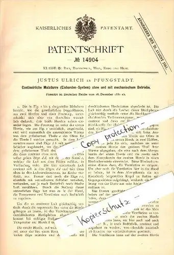 Original Patent - Justus Ulrich in Pfungstadt , 1880 , Malzdarre für Brauerei , Alkohol , Bier !!!