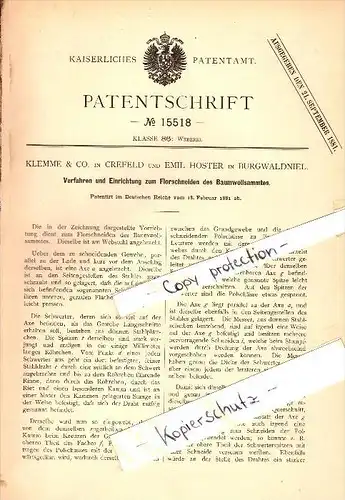 Original Patent - Emil Hoster in Burgwaldniel b. Schwalmtal , 1881 , Schneiden von Baumwollsamt , Klemme & Co in Krefeld