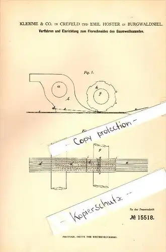 Original Patent - Emil Hoster in Burgwaldniel b. Schwalmtal , 1881 , Schneiden von Baumwollsamt , Klemme & Co in Krefeld