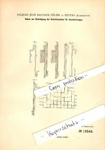 Original Patent - Jacques J.B. Célier à Nevers , 1881 , Fixation pour tuiles , Couvreurs !!!