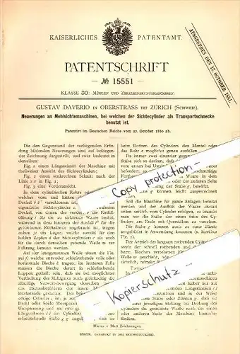 Original Patent - Gustav Daverio in Oberstrass b. Zürich , 1880 , Mehlsichtemaschinen , Mühle !!!