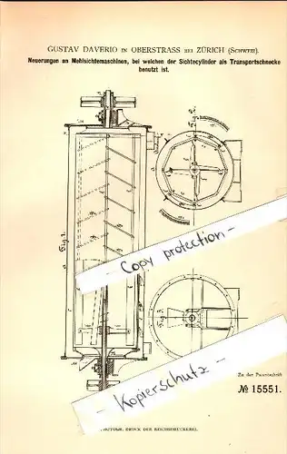 Original Patent - Gustav Daverio in Oberstrass b. Zürich , 1880 , Mehlsichtemaschinen , Mühle !!!