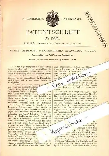 Original Patent - Martin Lindemuth in Hohenkirchen b. Lunzenau , 1881 , Gefäße aus Pappe !!!
