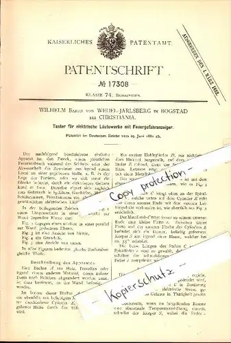 Original Patent- Wilhelm Baron von Wedel-Jarlsberg in Bogstad b. Christiania ,1881, Feuermelder , Feuerwehr , Kopenhagen