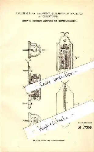 Original Patent- Wilhelm Baron von Wedel-Jarlsberg in Bogstad b. Christiania ,1881, Feuermelder , Feuerwehr , Kopenhagen