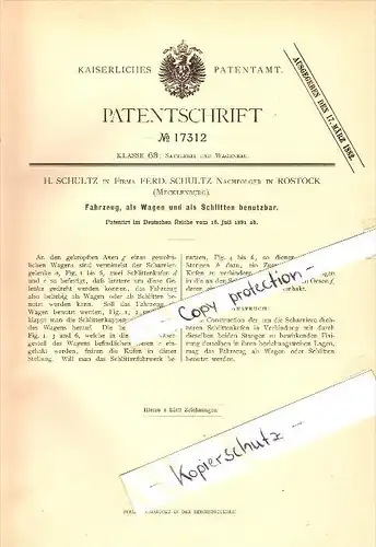Original Patent - H. Schultz in Rostock i. Mecklenburg , 1881 , Kinderwagen als Schlitten !!!