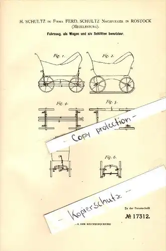 Original Patent - H. Schultz in Rostock i. Mecklenburg , 1881 , Kinderwagen als Schlitten !!!