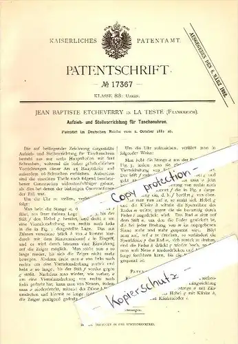 Original Patent - J.B. Etcheverry à La Teste-de-Buch , 1881 , Montres de poche détente !!!