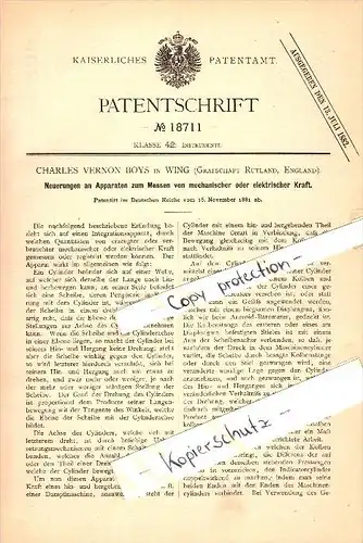 Original Patent - Ch.V. Boys in Wing , Rutland , 1881 , Apparatus for measuring mechanical and electrical power !!!