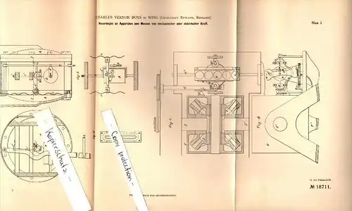 Original Patent - Ch.V. Boys in Wing , Rutland , 1881 , Apparatus for measuring mechanical and electrical power !!!