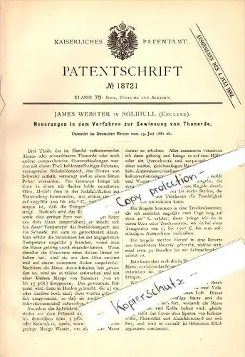Original Patent - James Webster in Solihull , England , 1881 , Production of alumina !!!