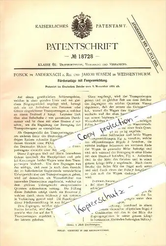 Original Patent - Fonck in Andernach und Jakob Wasem in Weißenthurm , 1881 , Förderanlage mit Fangvorrichtung !!!