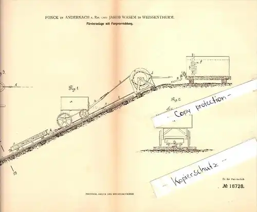 Original Patent - Fonck in Andernach und Jakob Wasem in Weißenthurm , 1881 , Förderanlage mit Fangvorrichtung !!!