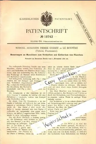 Original Patent - Marcel A.P. Cosset à Le Boupere , 1881 , Machine pour le bouchage des bouteilles !!!