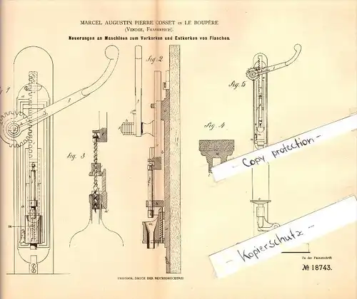 Original Patent - Marcel A.P. Cosset à Le Boupere , 1881 , Machine pour le bouchage des bouteilles !!!