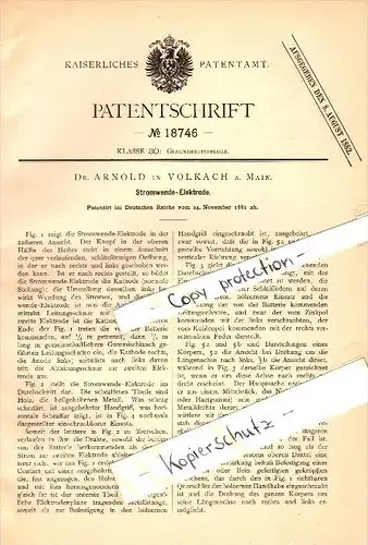 Original Patent - Dr. Arnold in Volkach a. Main , 1881 , Stromwende - Elektrode , Arzt , Therapie , Krankenhaus  !!