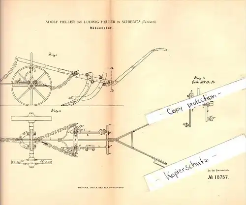 Original Patent - Adolf Heller in Schiebitz in Böhmen , 1882 , Rübenheber , Schibitz , Landwirtschaft !!