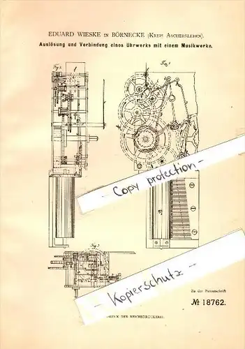 Original Patent - Eduard Wieske in Börnecke b. Blankenburg a. Harz , 1882 ,  Uhrwerk mit Musikwerk , Aschersleben !!