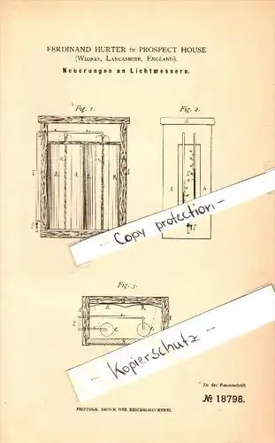 Original Patent - Ferdinand Hurter in Prospect House , Widnes , 1881 , Meter for light !!!
