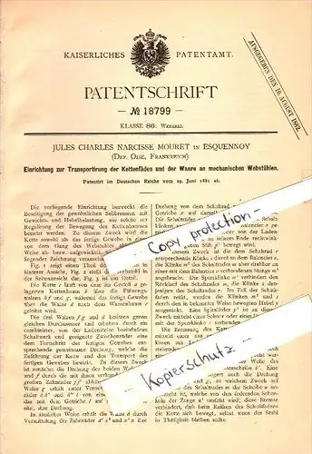 Original Patent - J.Ch. Mouret à Esquennoy , Oise , 1881 , Dispositif pour métiers à tisser mécaniques !!!