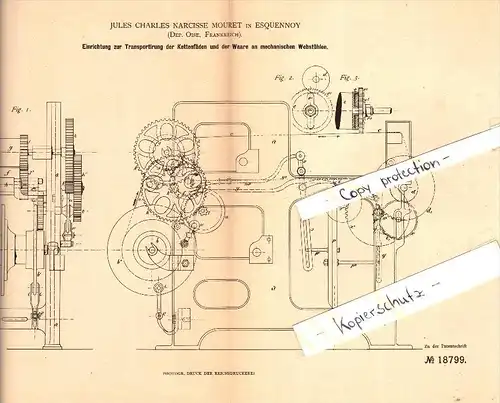 Original Patent - J.Ch. Mouret à Esquennoy , Oise , 1881 , Dispositif pour métiers à tisser mécaniques !!!