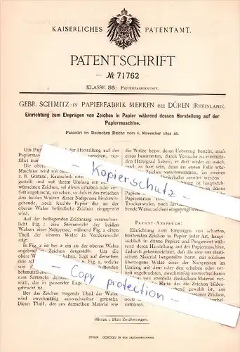 Original Patent  - Gebr. Schmitz in  Merken bei Düren , Rheinland , 1892 , Papierfabrikation , Papierfabrik !!!