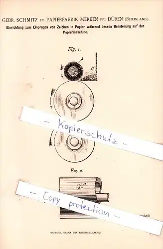 Original Patent  - Gebr. Schmitz in  Merken bei Düren , Rheinland , 1892 , Papierfabrikation , Papierfabrik !!!