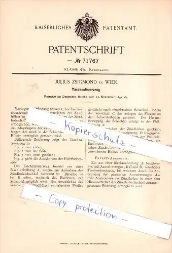 Original Patent  - Julius Zsigmond in Wien , 1892 , Taschenfeuerzeug , Feuerzeug !!!