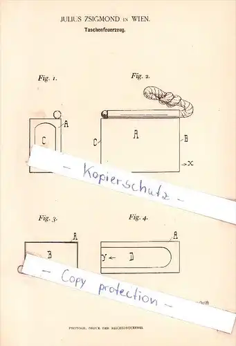 Original Patent  - Julius Zsigmond in Wien , 1892 , Taschenfeuerzeug , Feuerzeug !!!