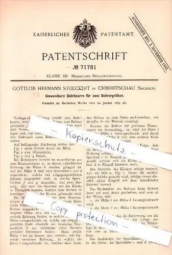 Original Patent  - G. H. Stoeckert in Crimmitschau , Sachsen , 1893 , Bohrknarre für zwei Bohrergrößen  !!!