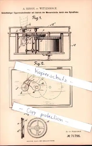 Original Patent  - A. Henkel in Wittenberge , 1893 , Cigarrenabschneider mit Antrieb  !!!