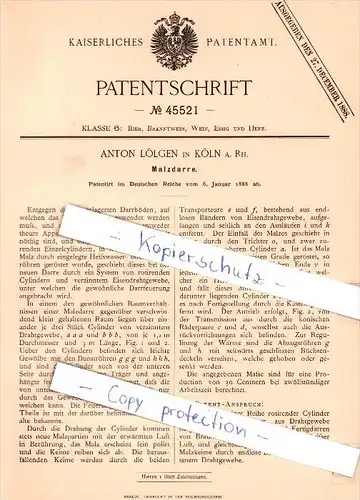 Original Patent  - Anton Lölgen in Köln a. Rh. , 1888 , Malzdarre , Brauerei , Alkohol , Bier !!!