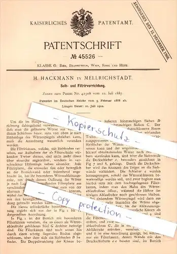 Original Patent  - H. Hackmann in Mellrichstadt , 1888 , Seih- und Filtrirvorrichtung !!!