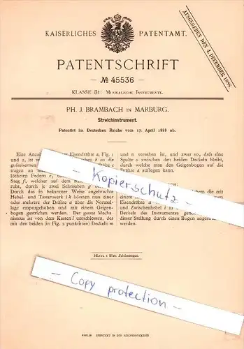 Original Patent  - Ph. J. Brambach in Marburg , 1888 , Streichinstrument !!!
