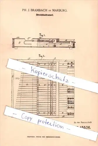 Original Patent  - Ph. J. Brambach in Marburg , 1888 , Streichinstrument !!!