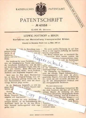 Original Patent  - L. Potthoff in Berlin , 1888 , Herstellung transparenter Bilder !!!